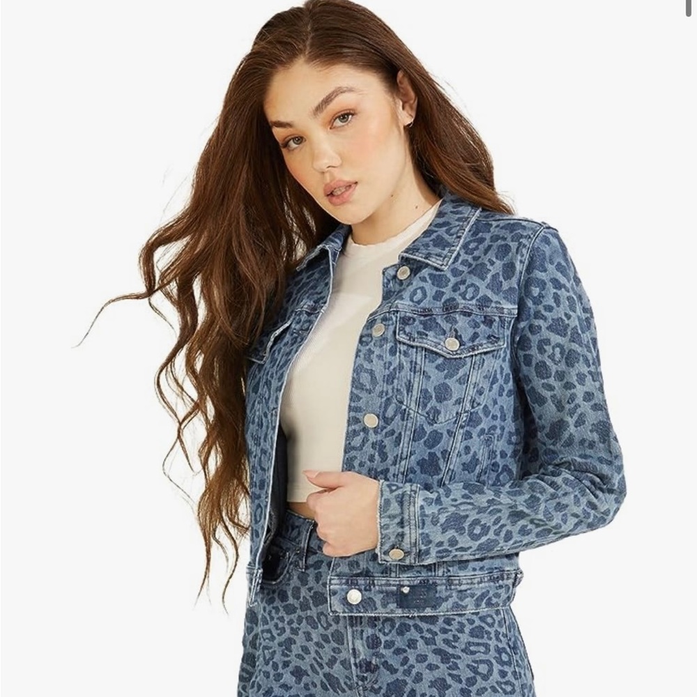 Guess Doria Animal Print Cropped Denim Jean Jacket